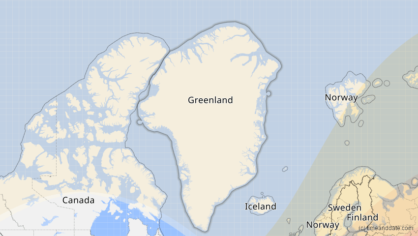 A map of Grönland, showing the path of the 1. Jun 2030 Ringförmige Sonnenfinsternis