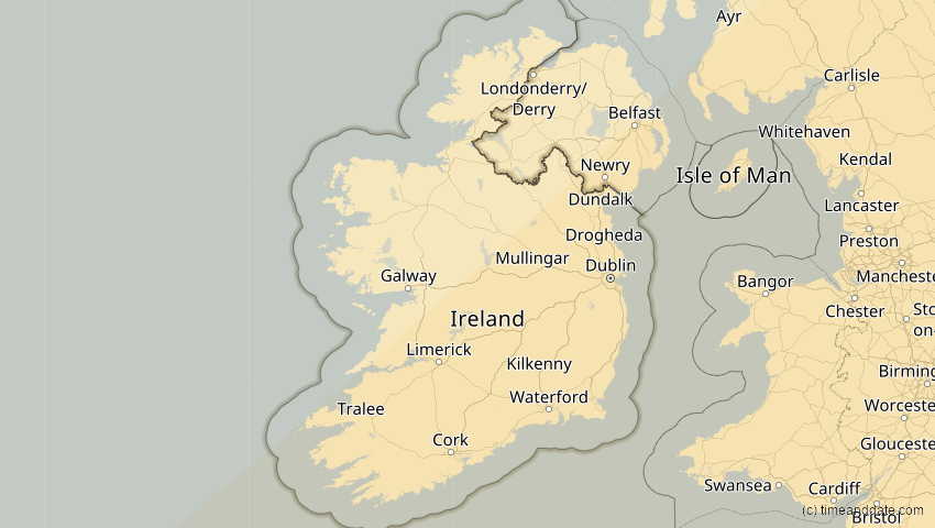 A map of Irland, showing the path of the 1. Jun 2030 Ringförmige Sonnenfinsternis