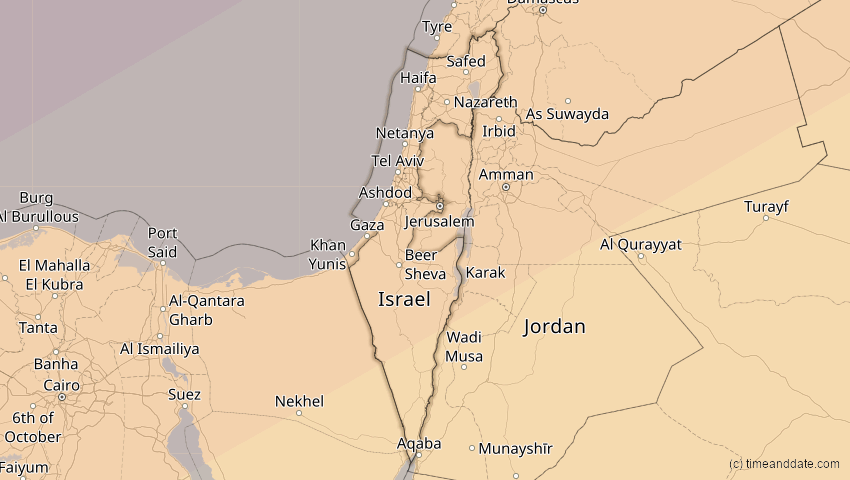 A map of Israel, showing the path of the 1. Jun 2030 Ringförmige Sonnenfinsternis