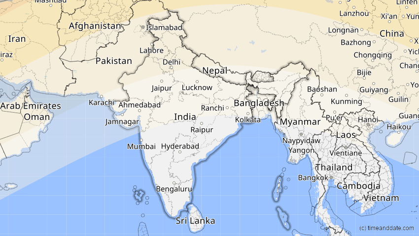 A map of Indien, showing the path of the 1. Jun 2030 Ringförmige Sonnenfinsternis
