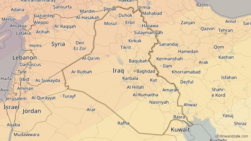 A map of Irak, showing the path of the 1. Jun 2030 Ringförmige Sonnenfinsternis