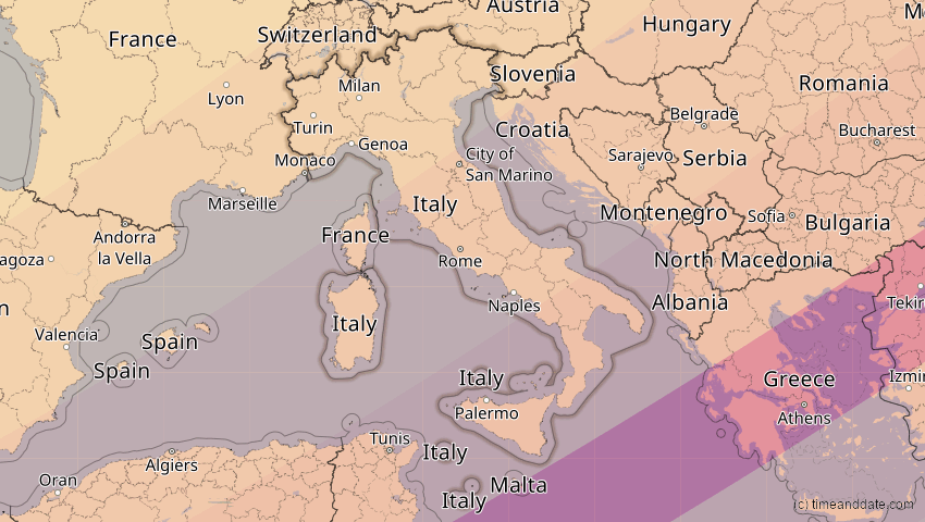 A map of Italien, showing the path of the 1. Jun 2030 Ringförmige Sonnenfinsternis
