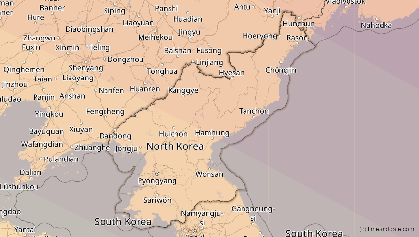 A map of North Korea, showing the path of the Jun 1, 2030 Annular Solar Eclipse