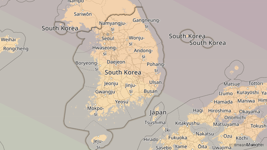 A map of Südkorea, showing the path of the 1. Jun 2030 Ringförmige Sonnenfinsternis