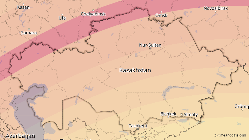 A map of Kasachstan, showing the path of the 1. Jun 2030 Ringförmige Sonnenfinsternis