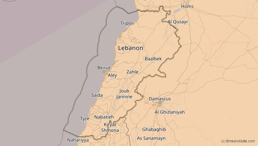 A map of Libanon, showing the path of the 1. Jun 2030 Ringförmige Sonnenfinsternis