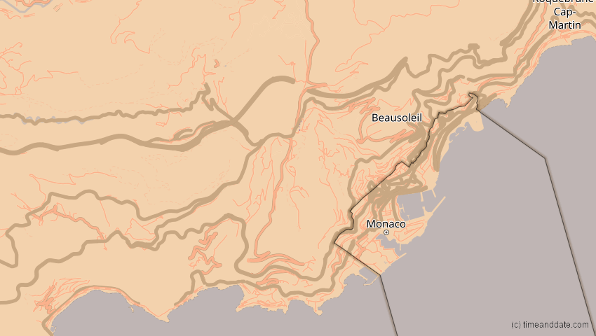 A map of Monaco, showing the path of the 1. Jun 2030 Ringförmige Sonnenfinsternis
