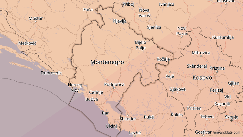 A map of Montenegro, showing the path of the 1. Jun 2030 Ringförmige Sonnenfinsternis
