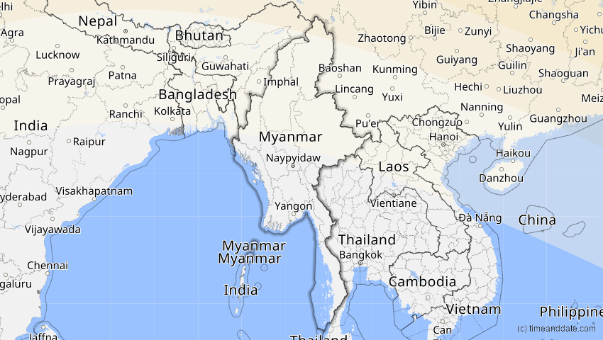 A map of Myanmar, showing the path of the 1. Jun 2030 Ringförmige Sonnenfinsternis
