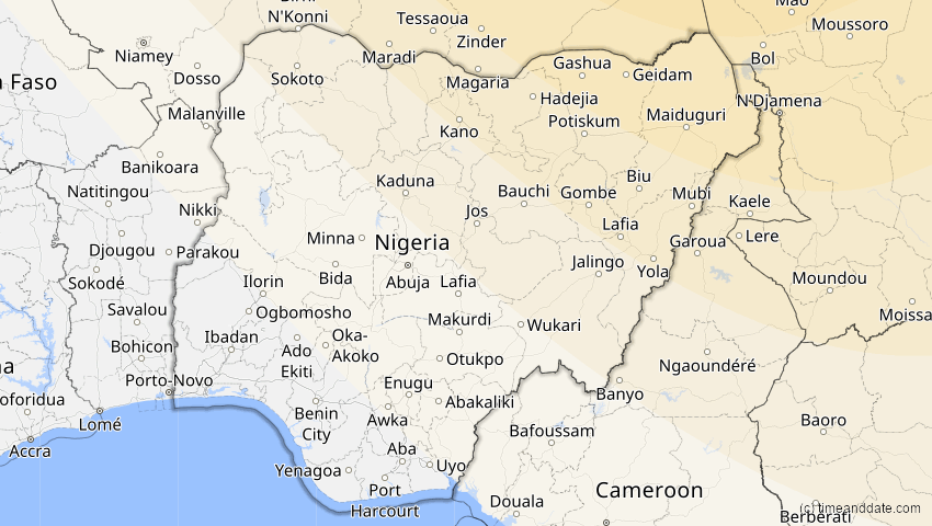A map of Nigeria, showing the path of the 1. Jun 2030 Ringförmige Sonnenfinsternis