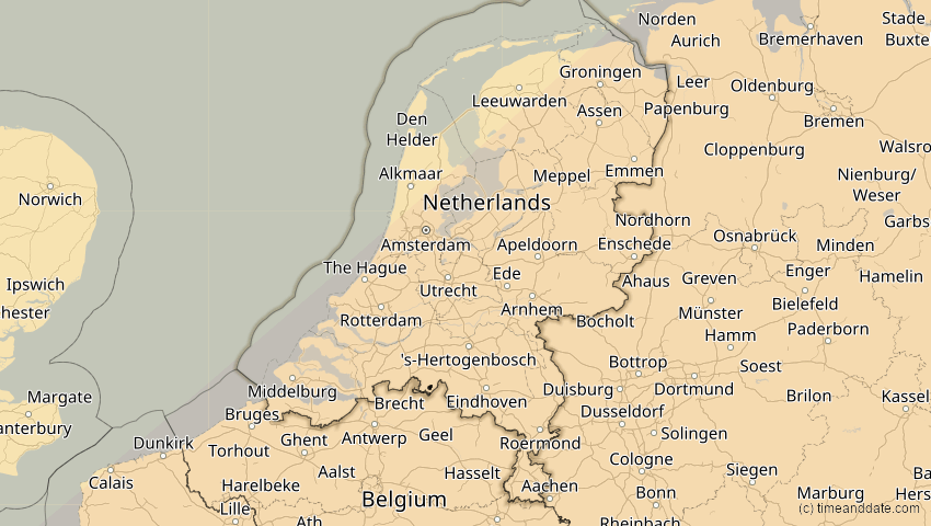 A map of Niederlande, showing the path of the 1. Jun 2030 Ringförmige Sonnenfinsternis