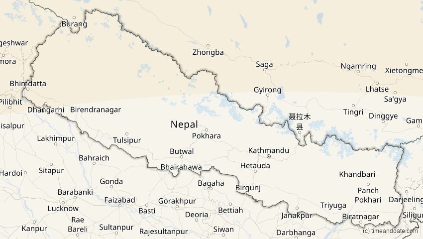 A map of Nepal, showing the path of the 1. Jun 2030 Ringförmige Sonnenfinsternis