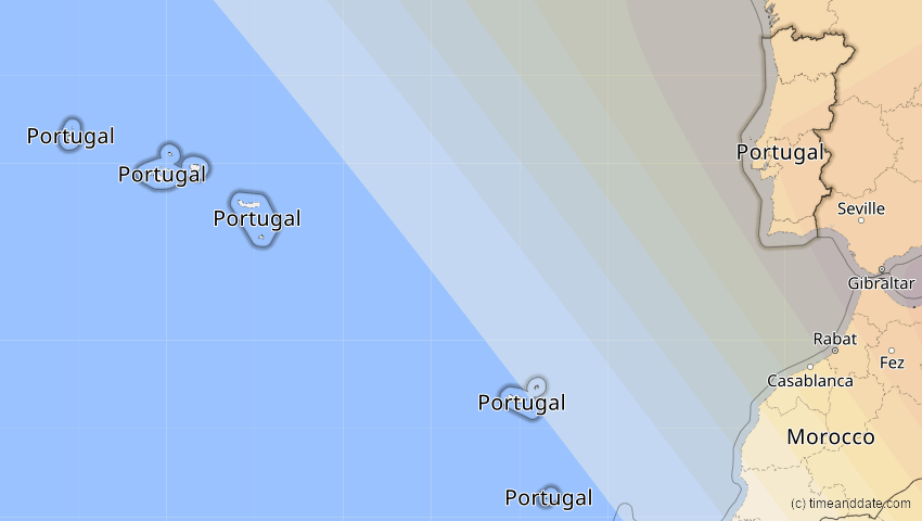 A map of Portugal, showing the path of the 1. Jun 2030 Ringförmige Sonnenfinsternis