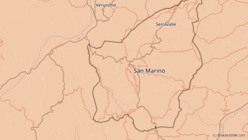 A map of San Marino, showing the path of the 1. Jun 2030 Ringförmige Sonnenfinsternis