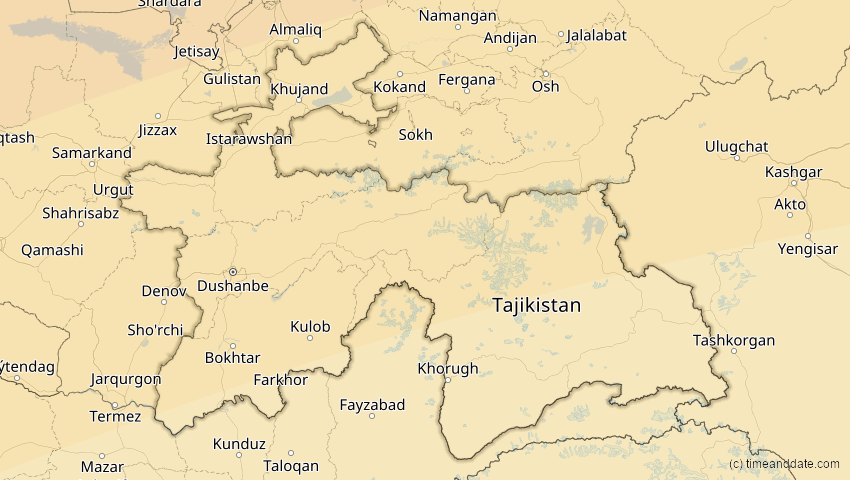 A map of Tadschikistan, showing the path of the 1. Jun 2030 Ringförmige Sonnenfinsternis