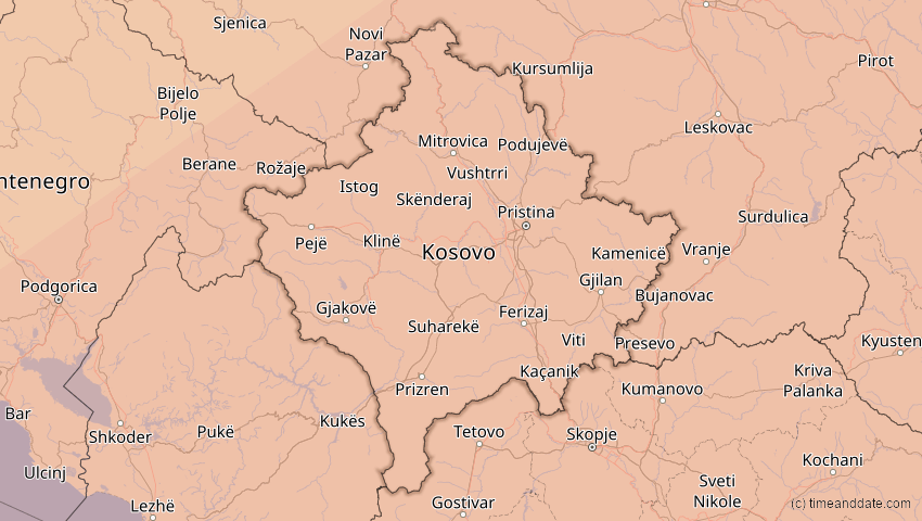 A map of Kosovo, showing the path of the 1. Jun 2030 Ringförmige Sonnenfinsternis