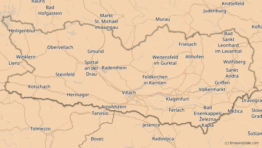 A map of Kärnten, Österreich, showing the path of the 1. Jun 2030 Ringförmige Sonnenfinsternis