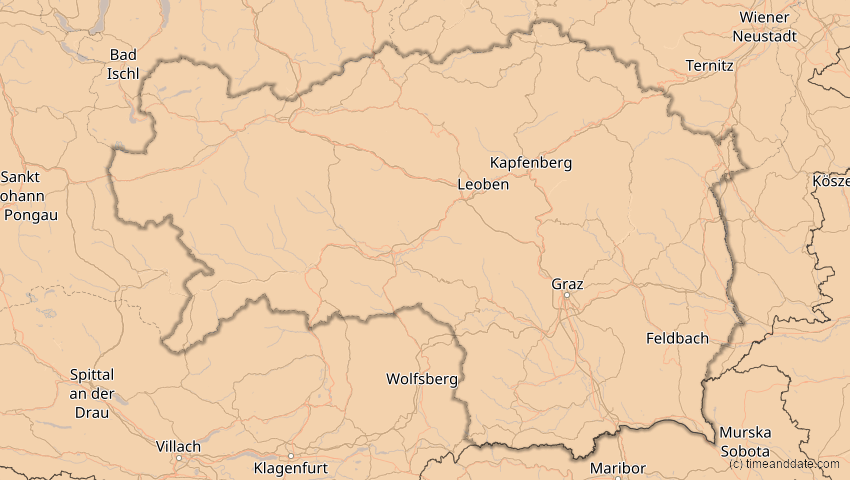 A map of Steiermark, Österreich, showing the path of the 1. Jun 2030 Ringförmige Sonnenfinsternis