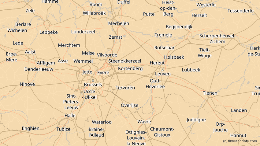 A map of Flämisch-Brabant, Belgien, showing the path of the 1. Jun 2030 Ringförmige Sonnenfinsternis