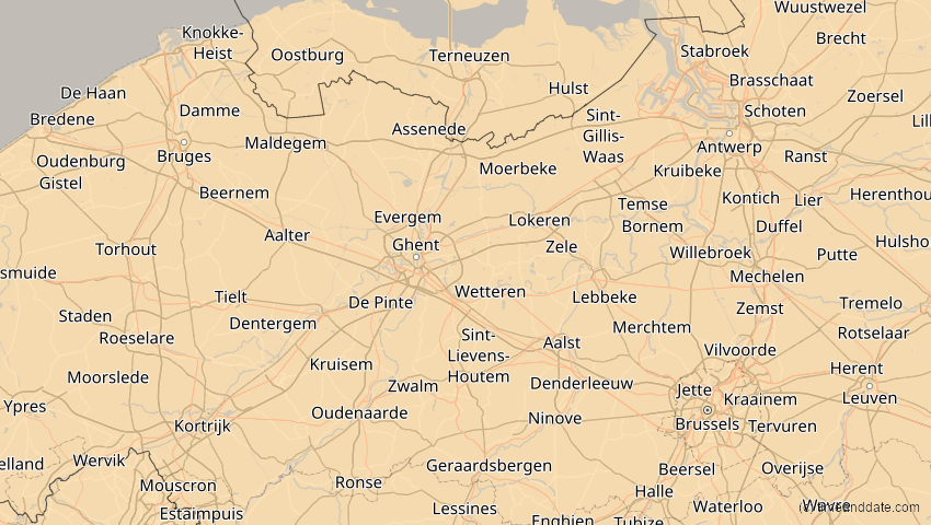 A map of Ostflandern, Belgien, showing the path of the 1. Jun 2030 Ringförmige Sonnenfinsternis