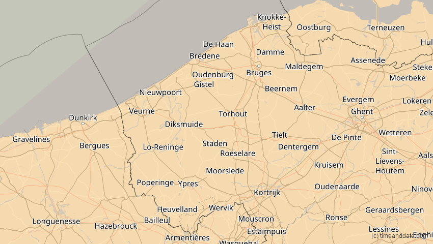 A map of Westflandern, Belgien, showing the path of the 1. Jun 2030 Ringförmige Sonnenfinsternis