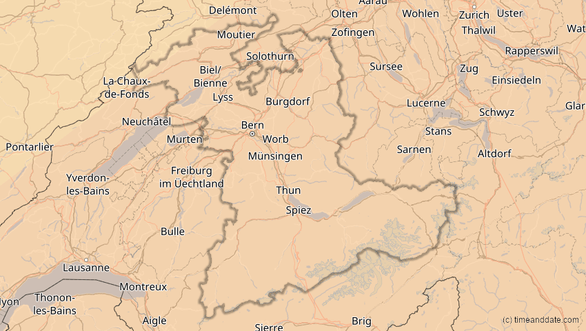 A map of Bern, Schweiz, showing the path of the 1. Jun 2030 Ringförmige Sonnenfinsternis