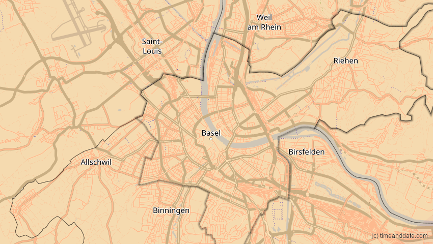 A map of Basel-Stadt, Schweiz, showing the path of the 1. Jun 2030 Ringförmige Sonnenfinsternis