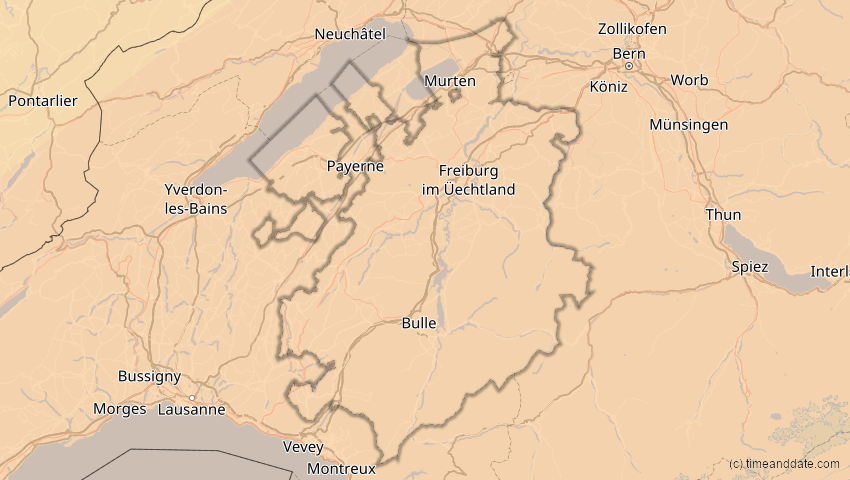 A map of Freiburg, Schweiz, showing the path of the 1. Jun 2030 Ringförmige Sonnenfinsternis
