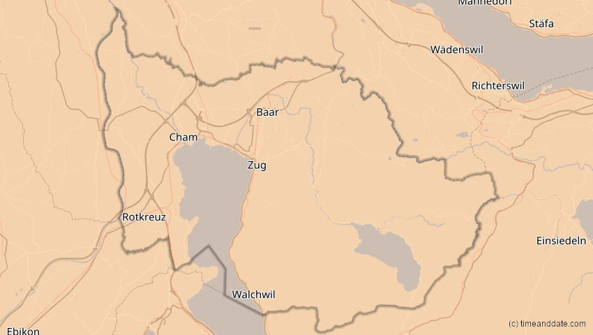 A map of Zug, Schweiz, showing the path of the 1. Jun 2030 Ringförmige Sonnenfinsternis