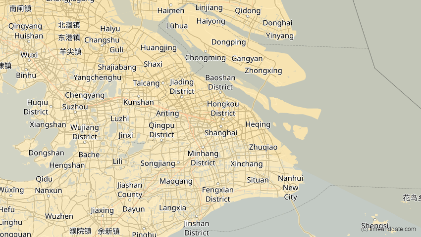 A map of Shanghai, China, showing the path of the 1. Jun 2030 Ringförmige Sonnenfinsternis