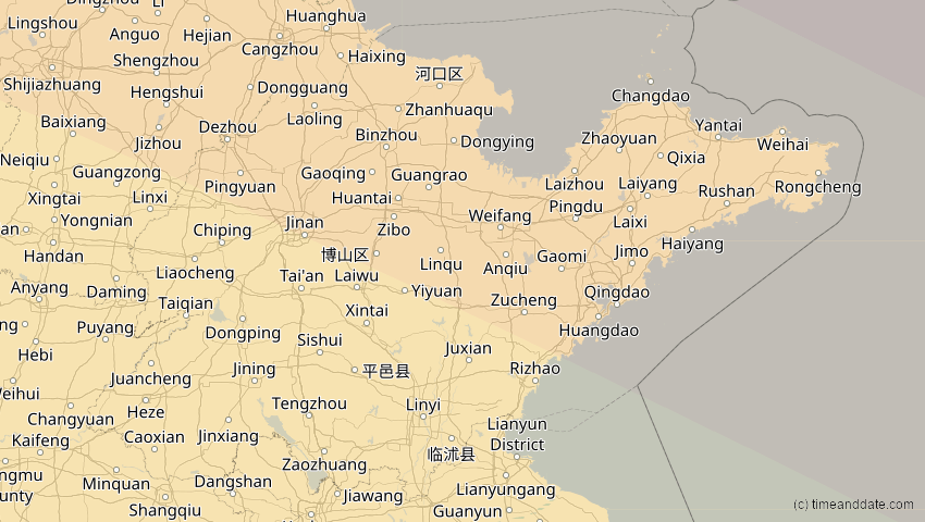 A map of Shandong, China, showing the path of the 1. Jun 2030 Ringförmige Sonnenfinsternis
