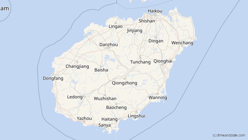 A map of Hainan, China, showing the path of the 1. Jun 2030 Ringförmige Sonnenfinsternis
