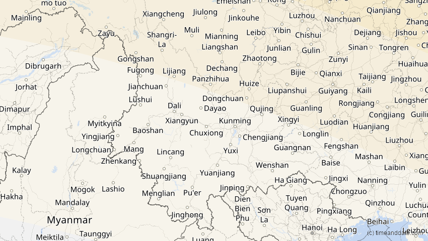A map of Yunnan, China, showing the path of the 1. Jun 2030 Ringförmige Sonnenfinsternis