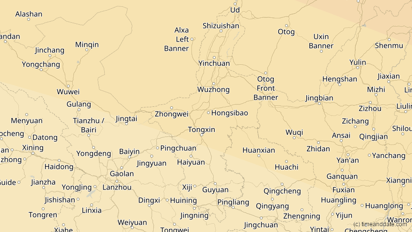 A map of Ningxia, China, showing the path of the 1. Jun 2030 Ringförmige Sonnenfinsternis