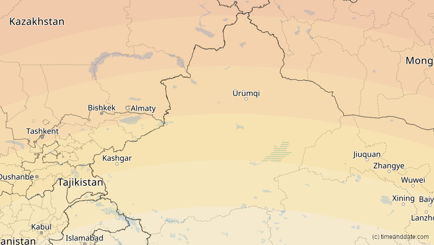 A map of Xinjiang, China, showing the path of the 1. Jun 2030 Ringförmige Sonnenfinsternis