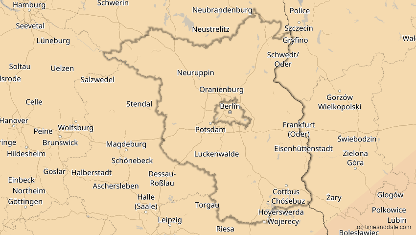 A map of Brandenburg, Deutschland, showing the path of the 1. Jun 2030 Ringförmige Sonnenfinsternis