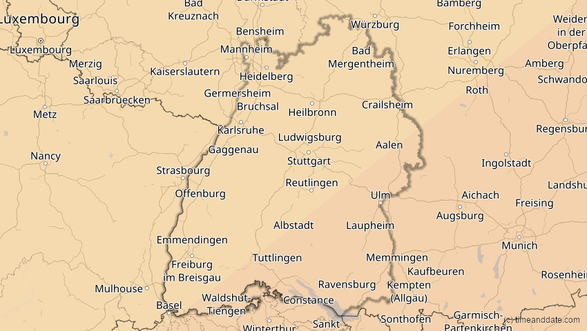A map of Baden-Württemberg, Deutschland, showing the path of the 1. Jun 2030 Ringförmige Sonnenfinsternis