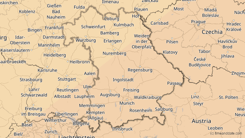 A map of Bayern, Deutschland, showing the path of the 1. Jun 2030 Ringförmige Sonnenfinsternis