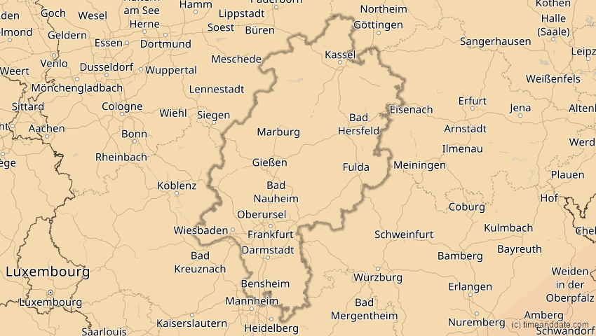 A map of Hessen, Deutschland, showing the path of the 1. Jun 2030 Ringförmige Sonnenfinsternis