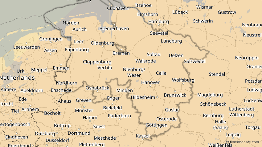 A map of Niedersachsen, Deutschland, showing the path of the 1. Jun 2030 Ringförmige Sonnenfinsternis