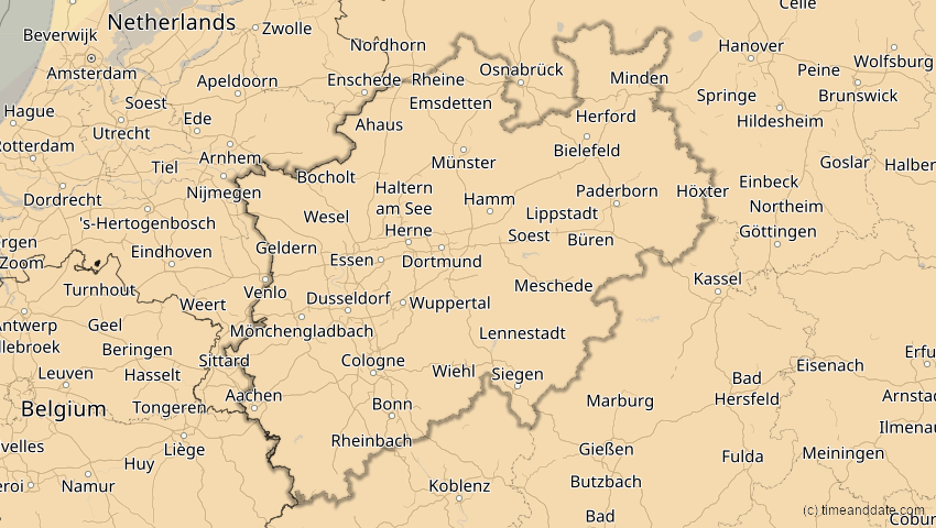 A map of Nordrhein-Westfalen, Deutschland, showing the path of the 1. Jun 2030 Ringförmige Sonnenfinsternis
