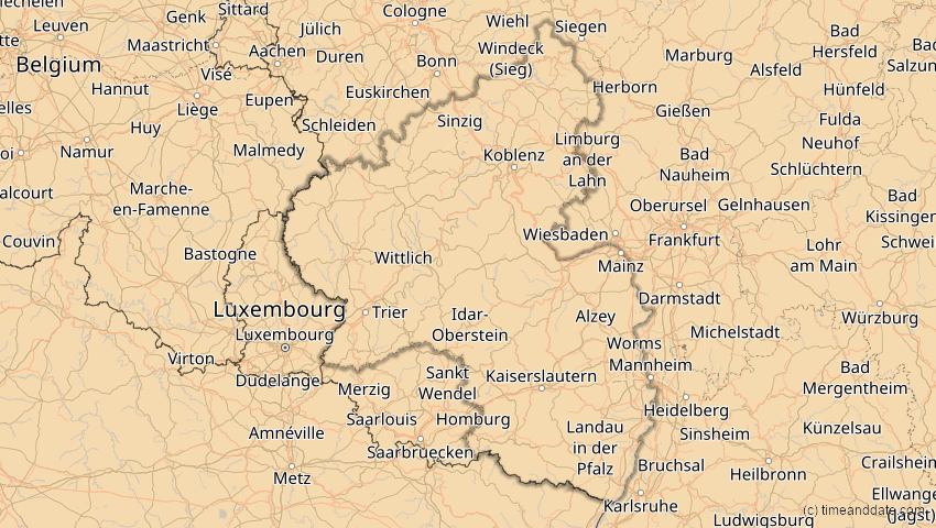A map of Rheinland-Pfalz, Deutschland, showing the path of the 1. Jun 2030 Ringförmige Sonnenfinsternis