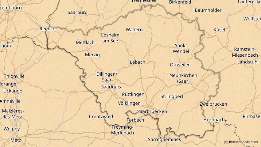 A map of Saarland, Deutschland, showing the path of the 1. Jun 2030 Ringförmige Sonnenfinsternis