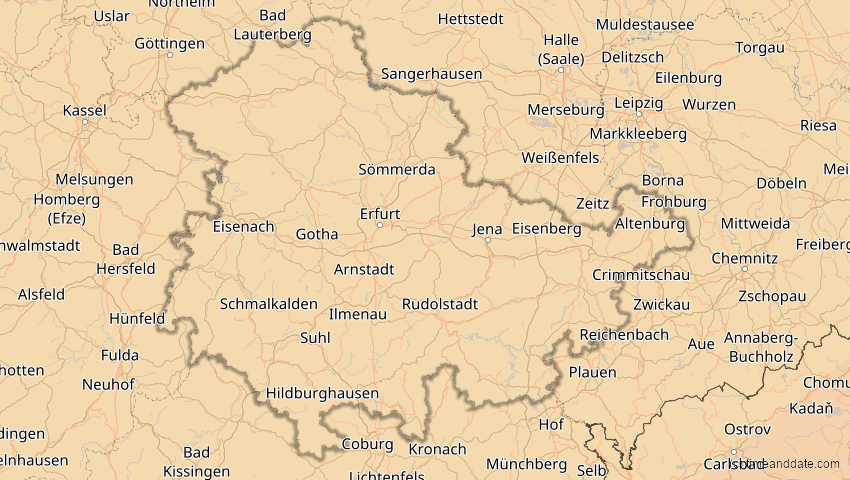 A map of Thüringen, Deutschland, showing the path of the 1. Jun 2030 Ringförmige Sonnenfinsternis