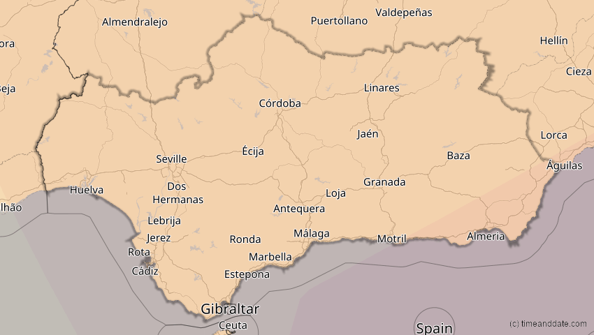 A map of Andalusien, Spanien, showing the path of the 1. Jun 2030 Ringförmige Sonnenfinsternis