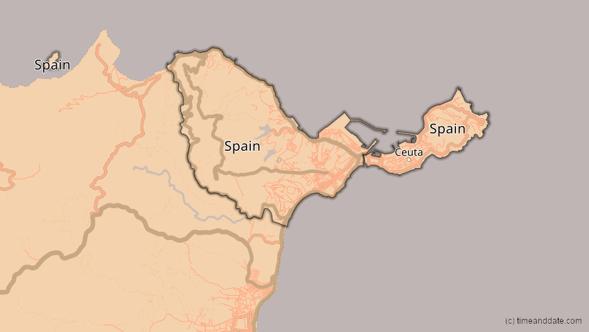 A map of Ceuta, Spanien, showing the path of the 1. Jun 2030 Ringförmige Sonnenfinsternis