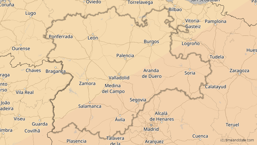 A map of Kastilien und León, Spanien, showing the path of the 1. Jun 2030 Ringförmige Sonnenfinsternis