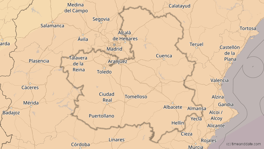 A map of Kastilien-La Mancha, Spanien, showing the path of the 1. Jun 2030 Ringförmige Sonnenfinsternis