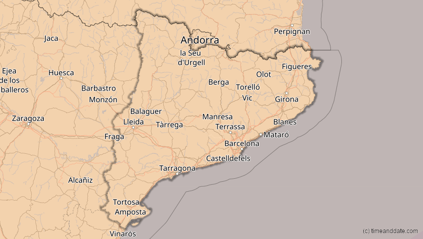 A map of Katalonien, Spanien, showing the path of the 1. Jun 2030 Ringförmige Sonnenfinsternis