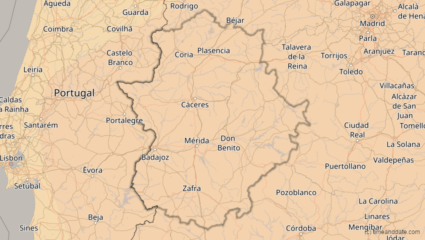 A map of Extremadura, Spanien, showing the path of the 1. Jun 2030 Ringförmige Sonnenfinsternis